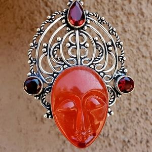 New Carved Goddess Face Garnet Silver Pendant.